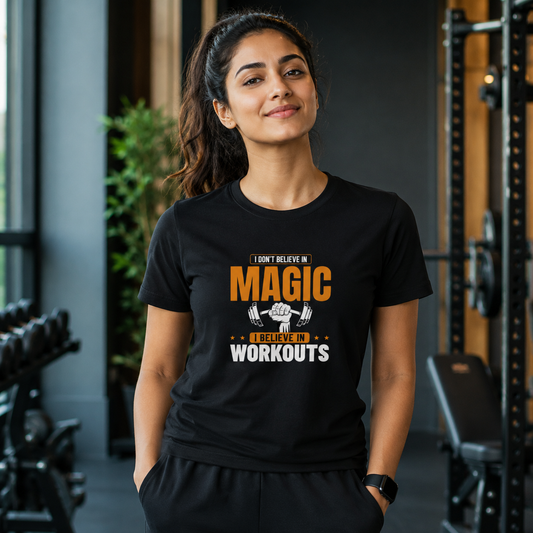 I Don’t Believe in Magic, I Believe in Workouts – Premium Unisex Cotton T-Shirt