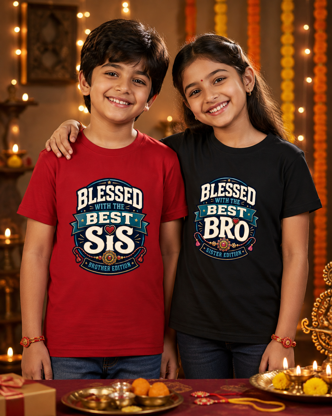 Blessed Siblings Kids Rakhi Combo – Boy & Girl T-Shirt Set