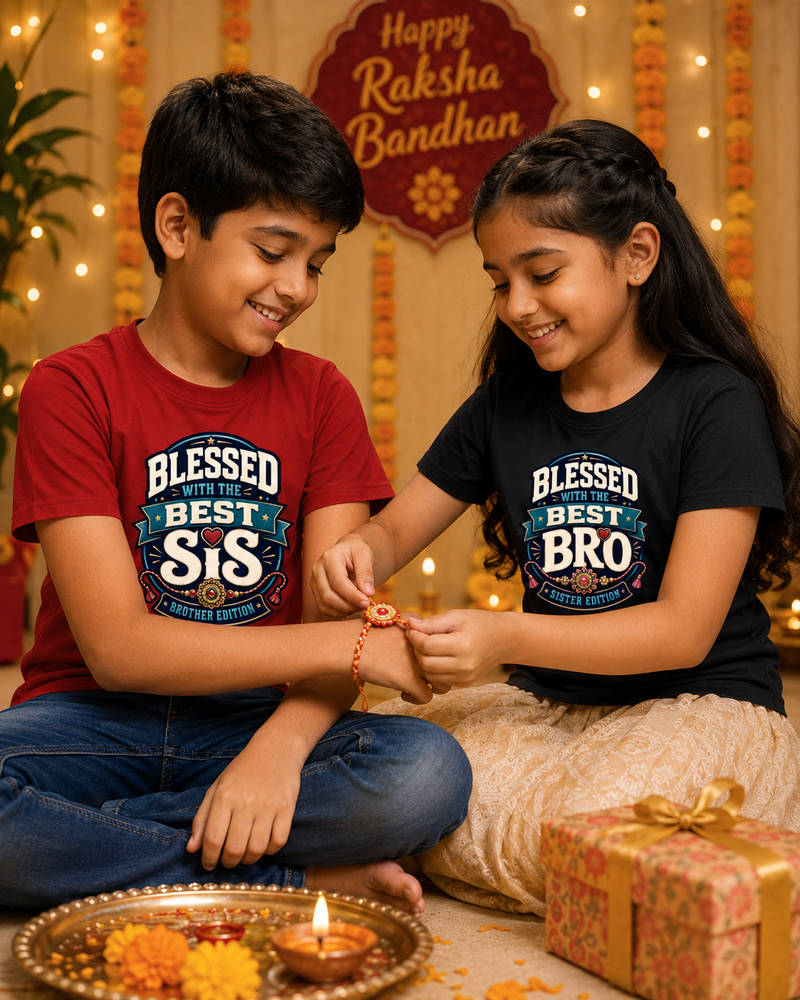 Blessed Siblings Kids Rakhi Combo – Boy & Girl T-Shirt Set