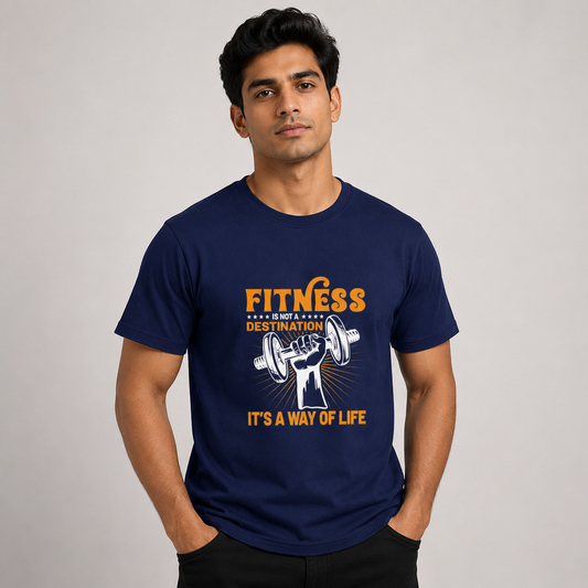 Male model wearing Fitness Is Not A Destination navy blue T-shirt