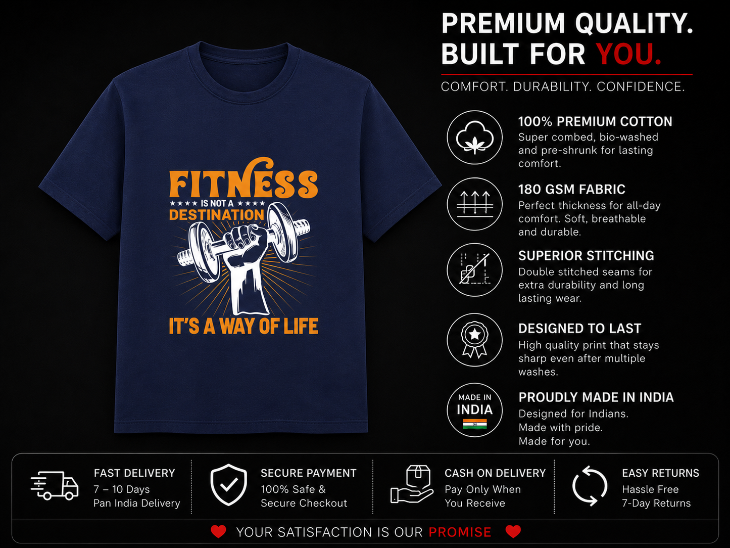 A navy blue graphic t-shirt with a white and orange design reading 'FITNESS IS THE DESTINATION' and 'IT'S A WAY OF LIFE', shown on a black promotional background with product details and delivery information.