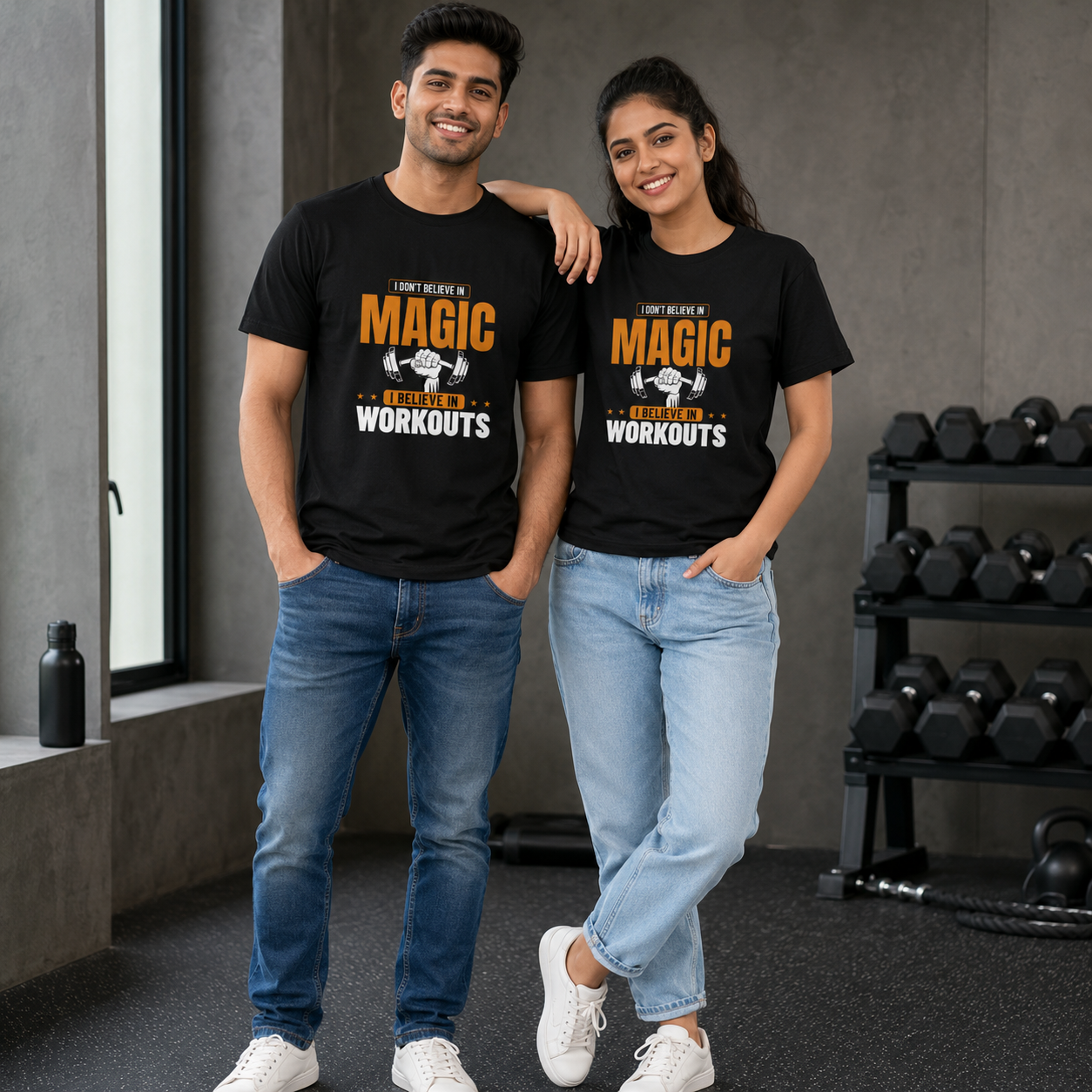 I Don’t Believe in Magic, I Believe in Workouts – Premium Unisex Cotton T-Shirt