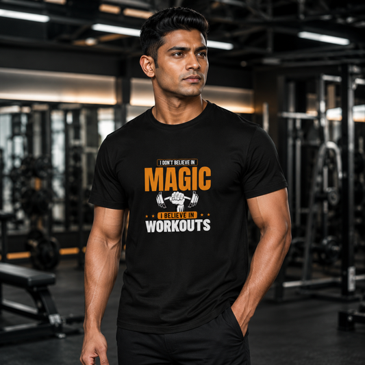 I Don’t Believe in Magic, I Believe in Workouts – Premium Unisex Cotton T-Shirt