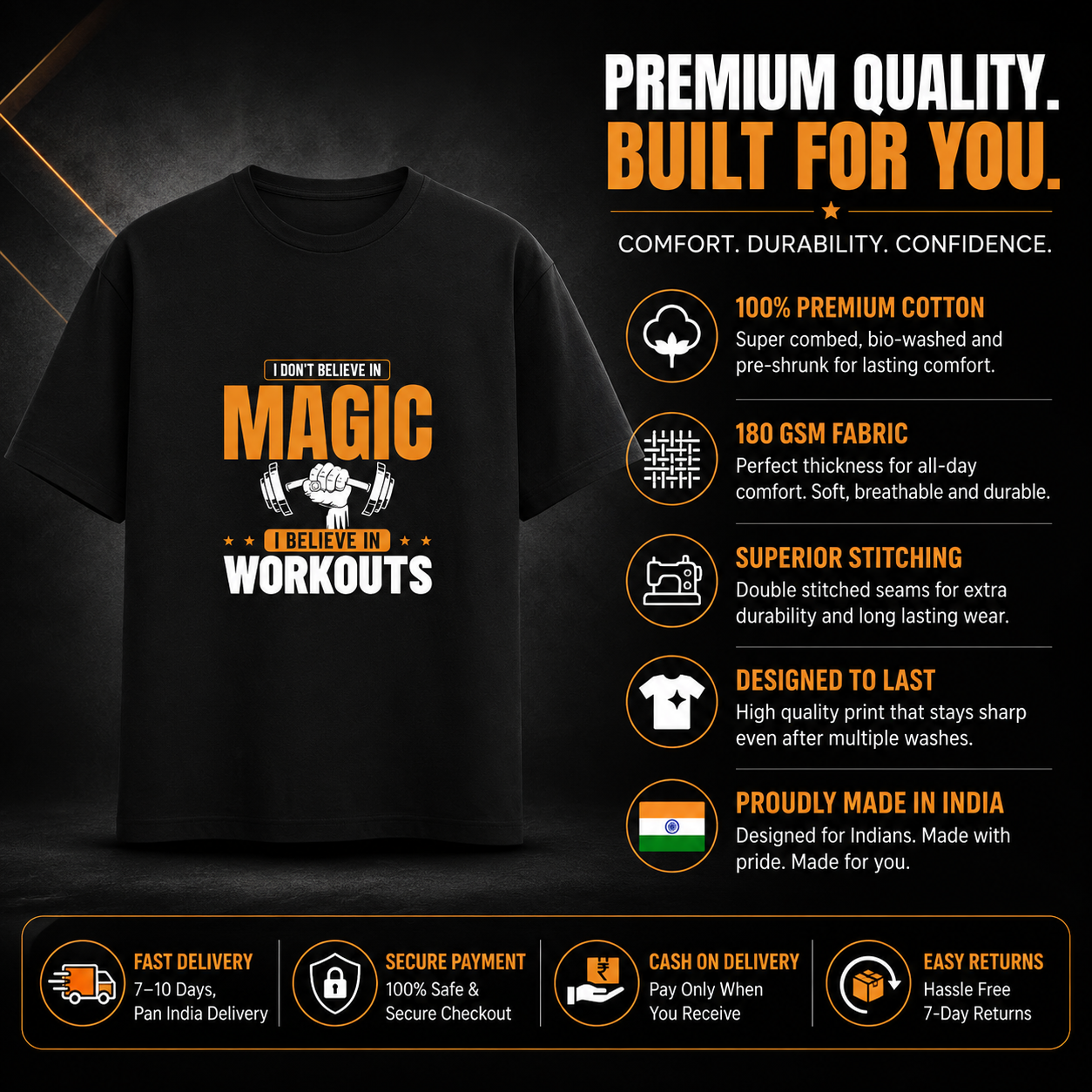 I Don’t Believe in Magic, I Believe in Workouts – Premium Unisex Cotton T-Shirt