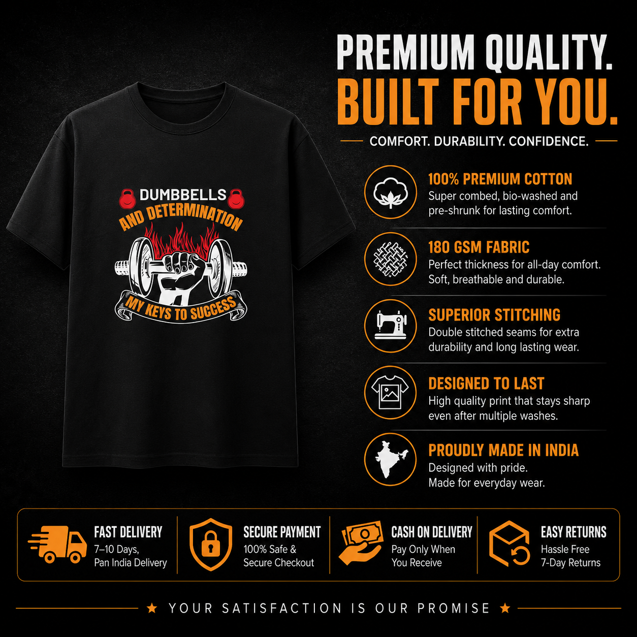 Dumbbells and Determination – Premium Unisex Cotton T-Shirt